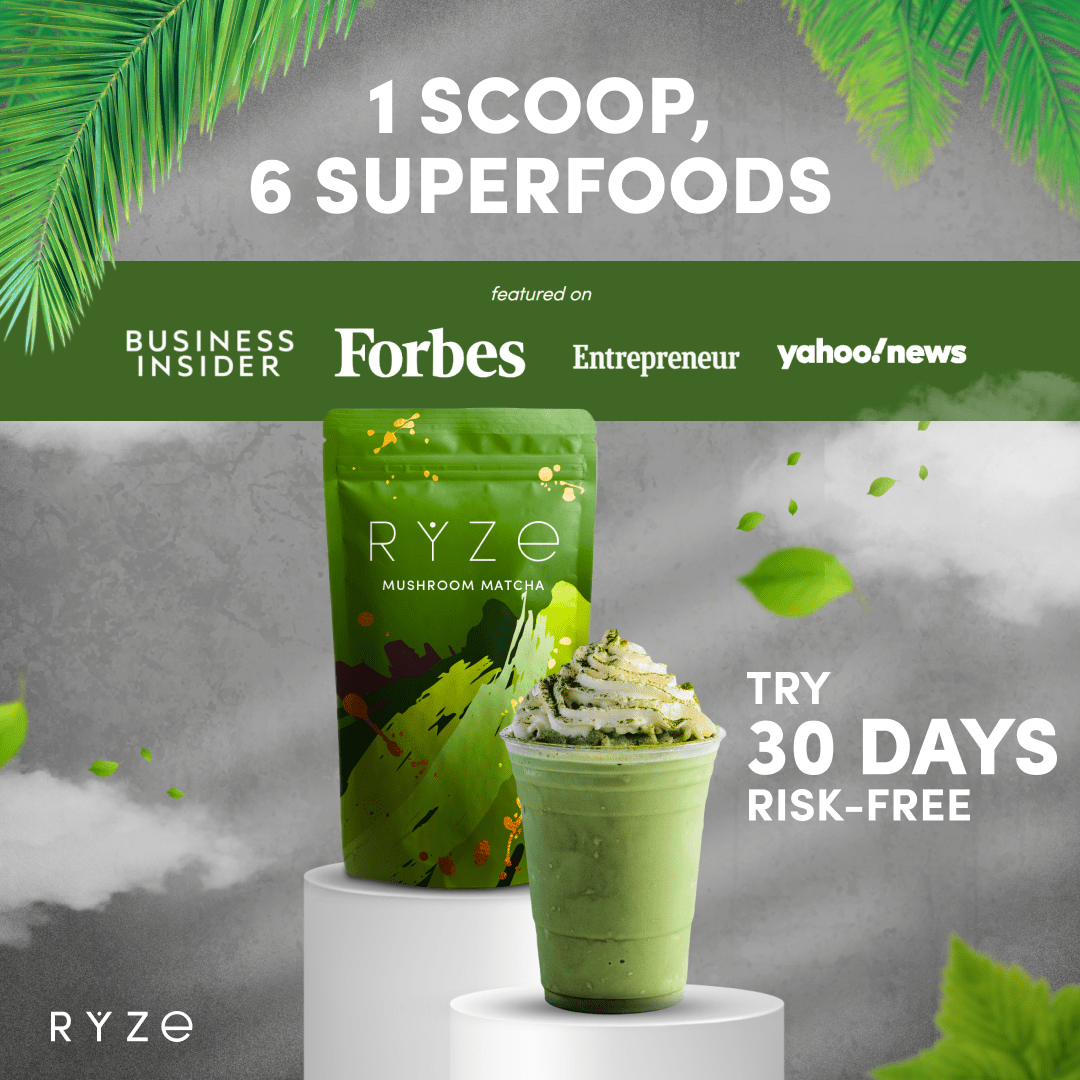 RYZE Mushroom Matcha - with 6 Organic Adaptogenic Mushrooms Grown In USA and Ceremonial-Grade Japanese Matcha - B6K3