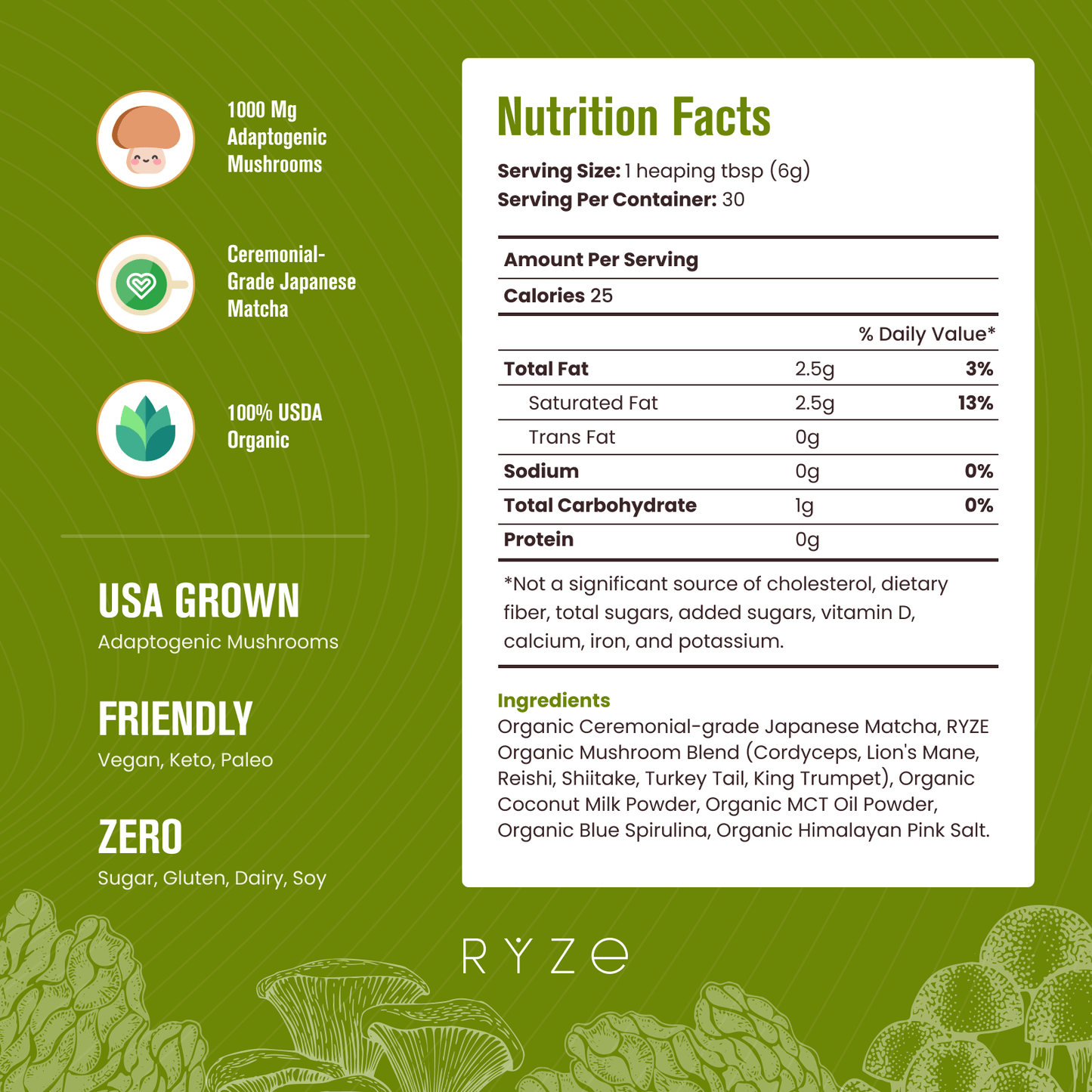 RYZE Organic Mushroom Matcha Starter Kit (60 servings) - FWHW